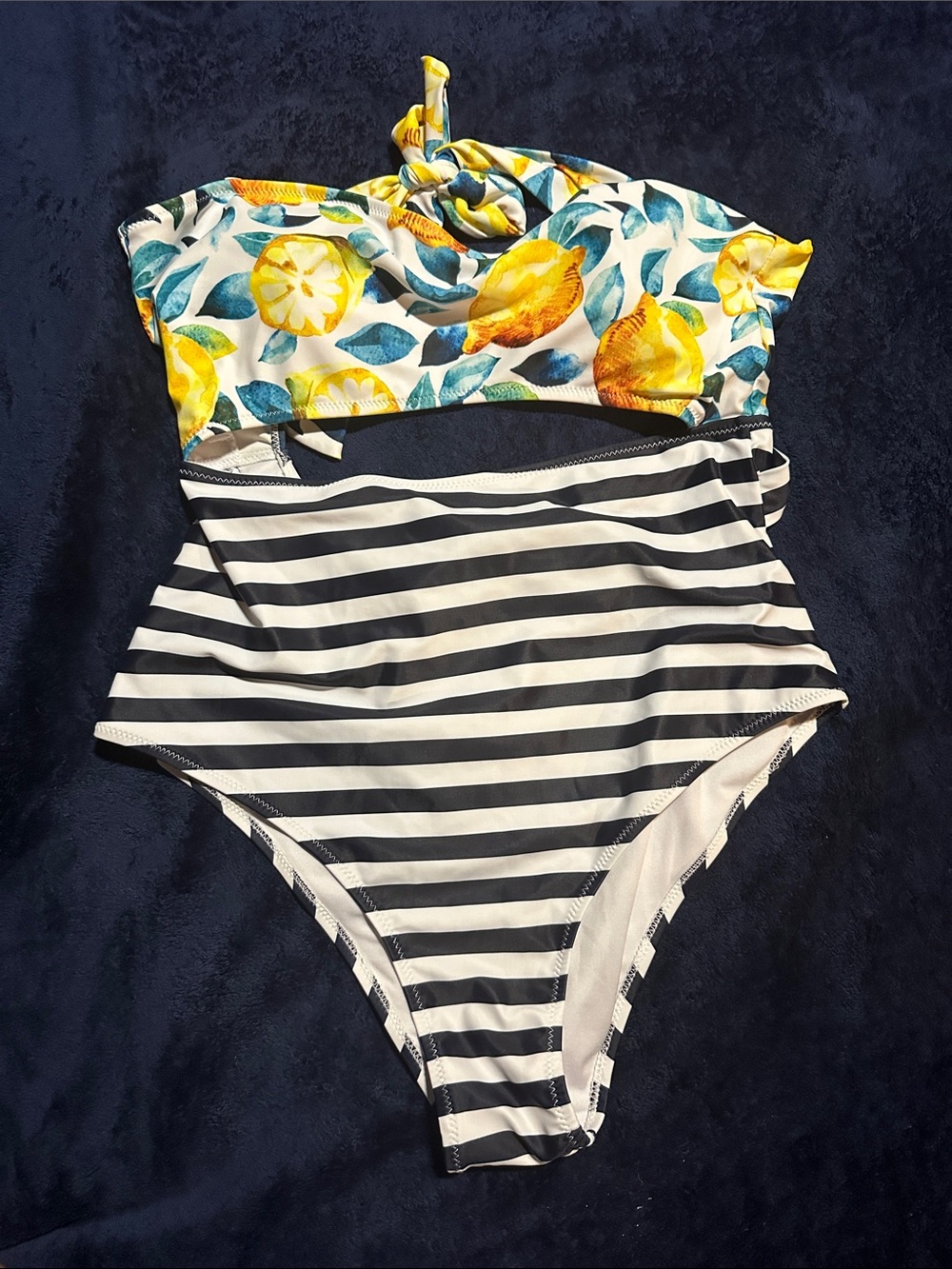 Cupshe Yellow Lemon & Blue Leaf Top with Black White Striped One-Piece Swimsuit
